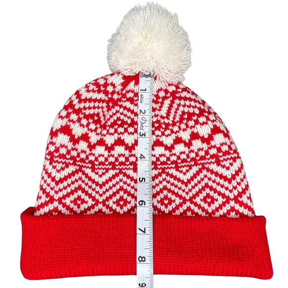 Old Navy Fair Isle Pom Beanie Sweater Knit Scandi Girl Red White One Size OS - Picture 8 of 12